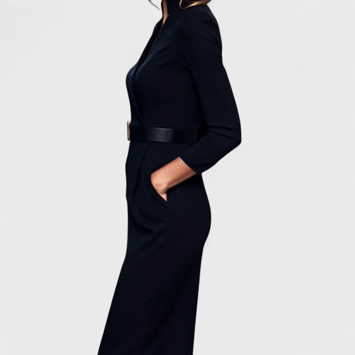 Elegant Women's Dress with Belt and Mao Collar, view 6 - Elena Harper