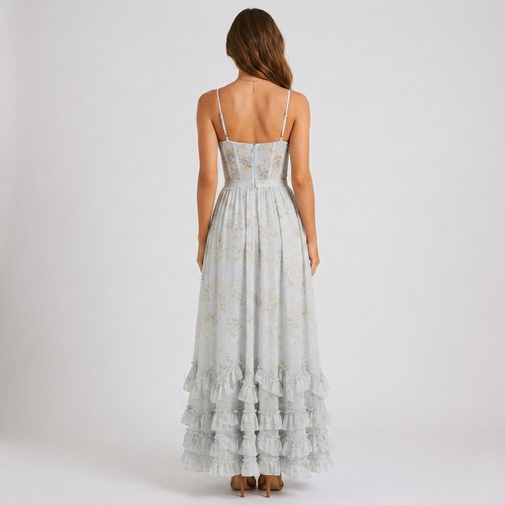 Blue Floral Corset Maxi Dress Wedding Guest