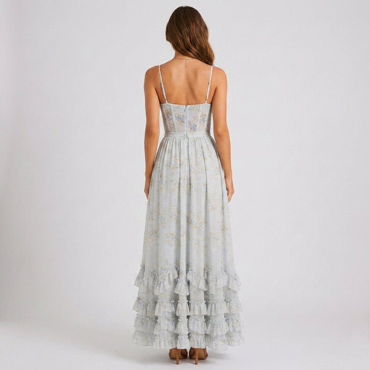 Blue Floral Corset Maxi Dress Wedding Guest