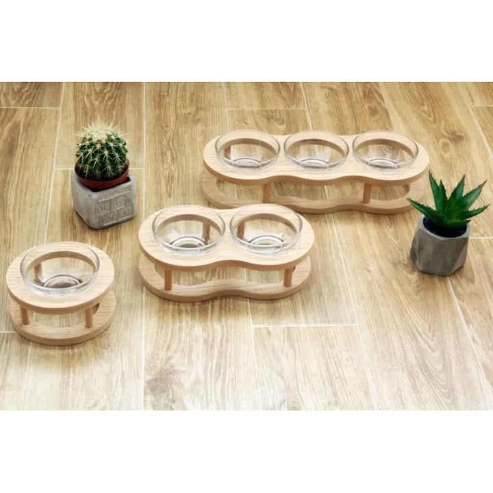Pet's Elevated Wood & Glass Food Bowl Set with Non-Slip Holder