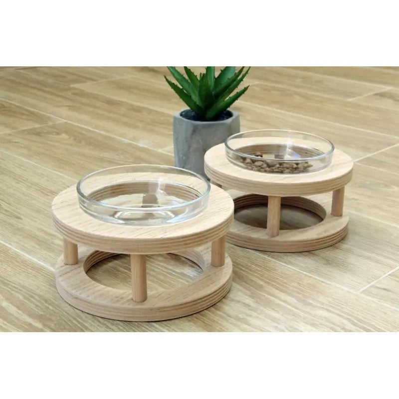 Pet's Elevated Wood & Glass Food Bowl Set with Non-Slip Holder