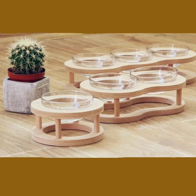 Pet's Elevated Wood & Glass Food Bowl Set with Non-Slip Holder