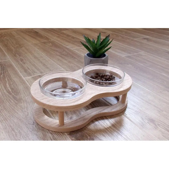 Pet's Elevated Wood & Glass Food Bowl Set with Non-Slip Holder