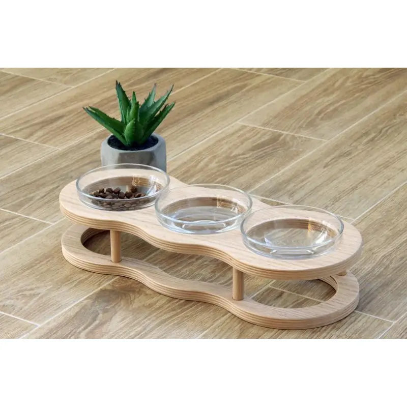 Pet's Elevated Wood & Glass Food Bowl Set with Non-Slip Holder