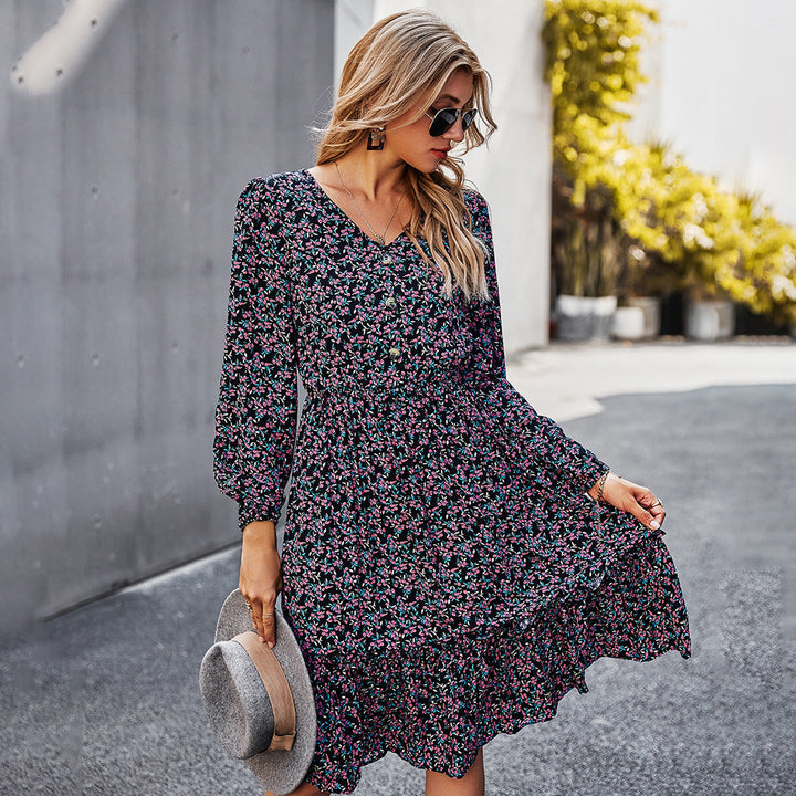 Women’s Floral Midi Dress with V-Neck and Long Sleeves
