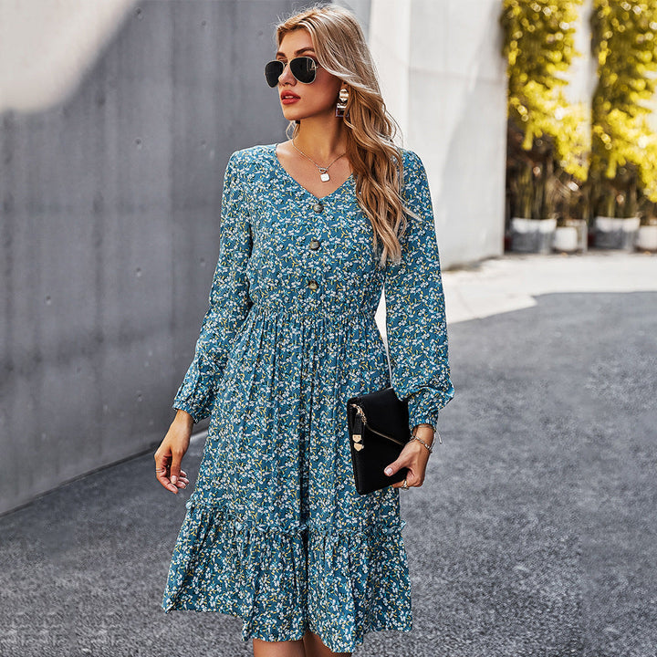 Women’s Floral Midi Dress with V-Neck and Long Sleeves