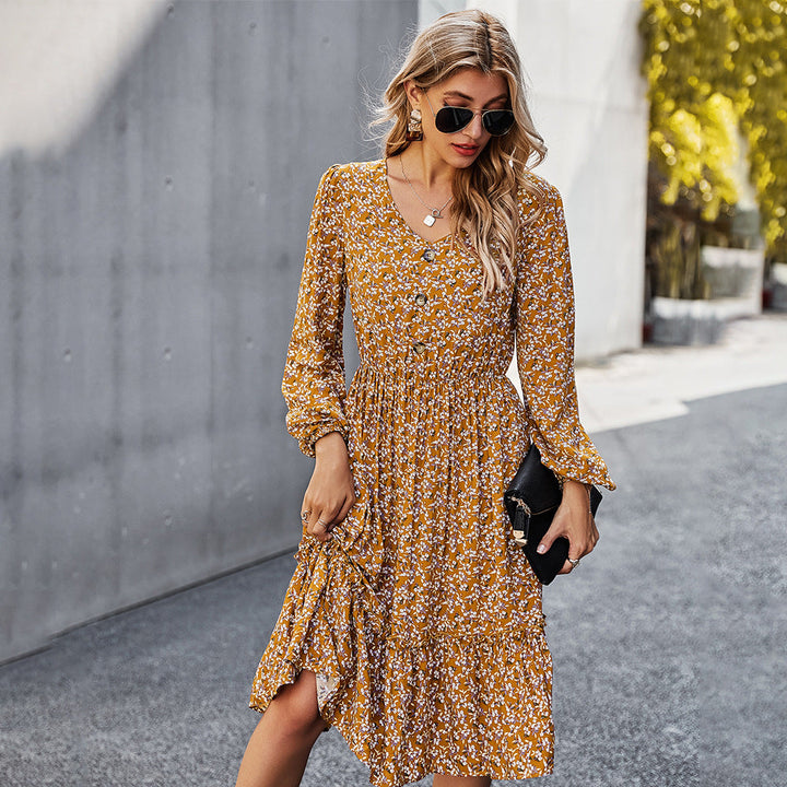 Women’s Floral Midi Dress with V-Neck and Long Sleeves
