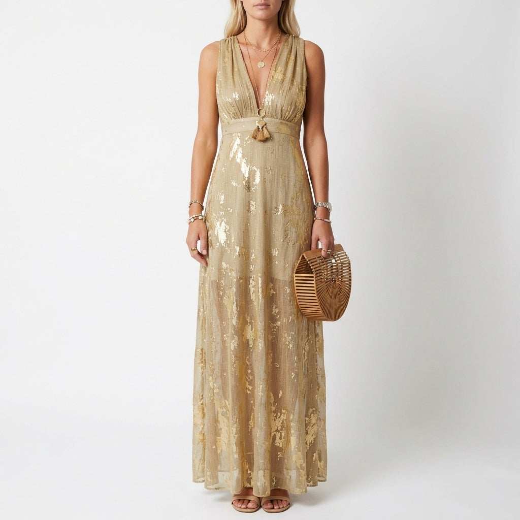 Yellow Sequin Maxi Dress Wedding Guest Evening Outfit