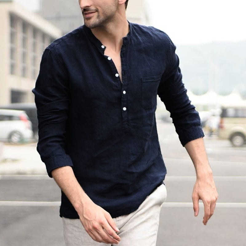 Thomas Kelly | Linen Look Band Collar Shirt For Men