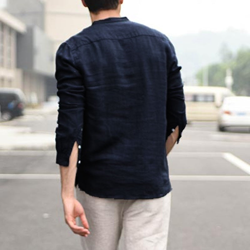 Thomas Kelly | Linen Look Band Collar Shirt For Men