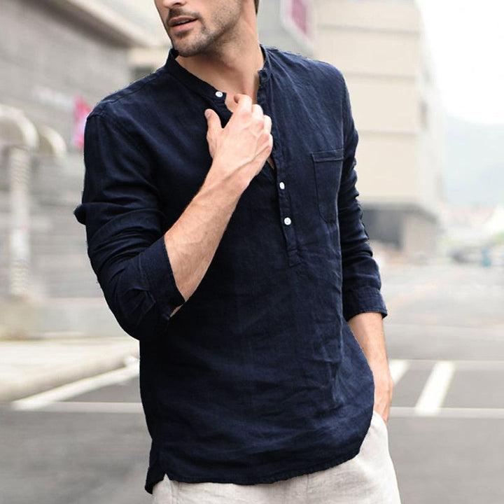 Thomas Kelly | Linen Look Band Collar Shirt For Men