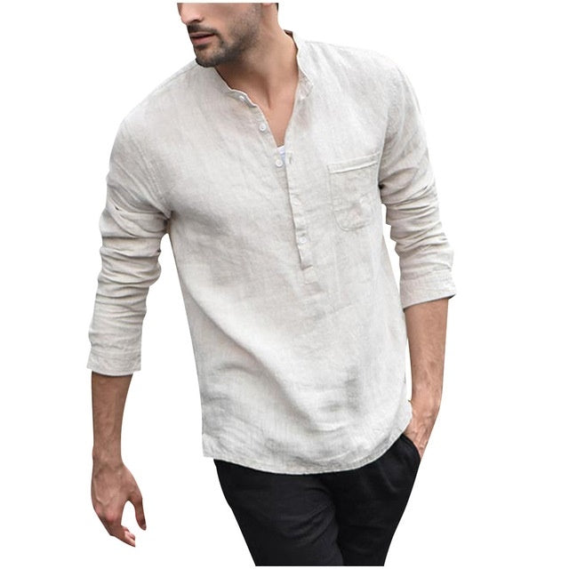 Thomas Kelly | Linen Look Band Collar Shirt For Men