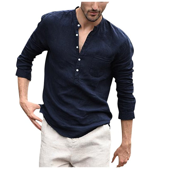 Thomas Kelly | Linen Look Band Collar Shirt For Men