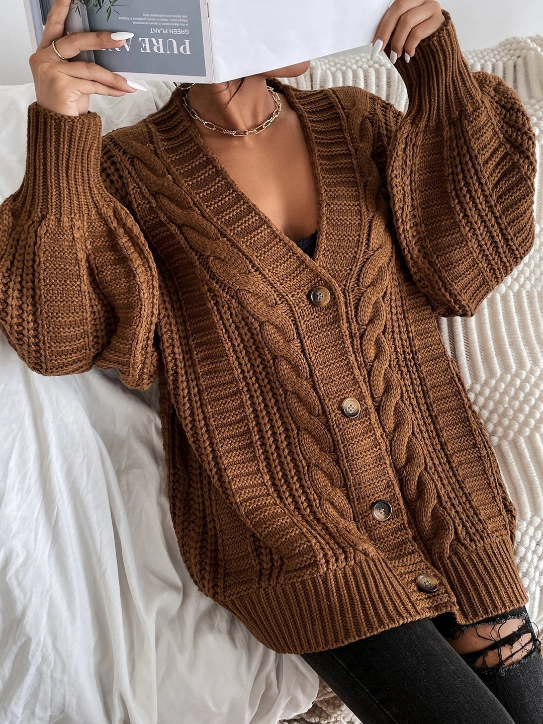 Women's Chunky Cable Knit Oversized Cardigan with Button Closure