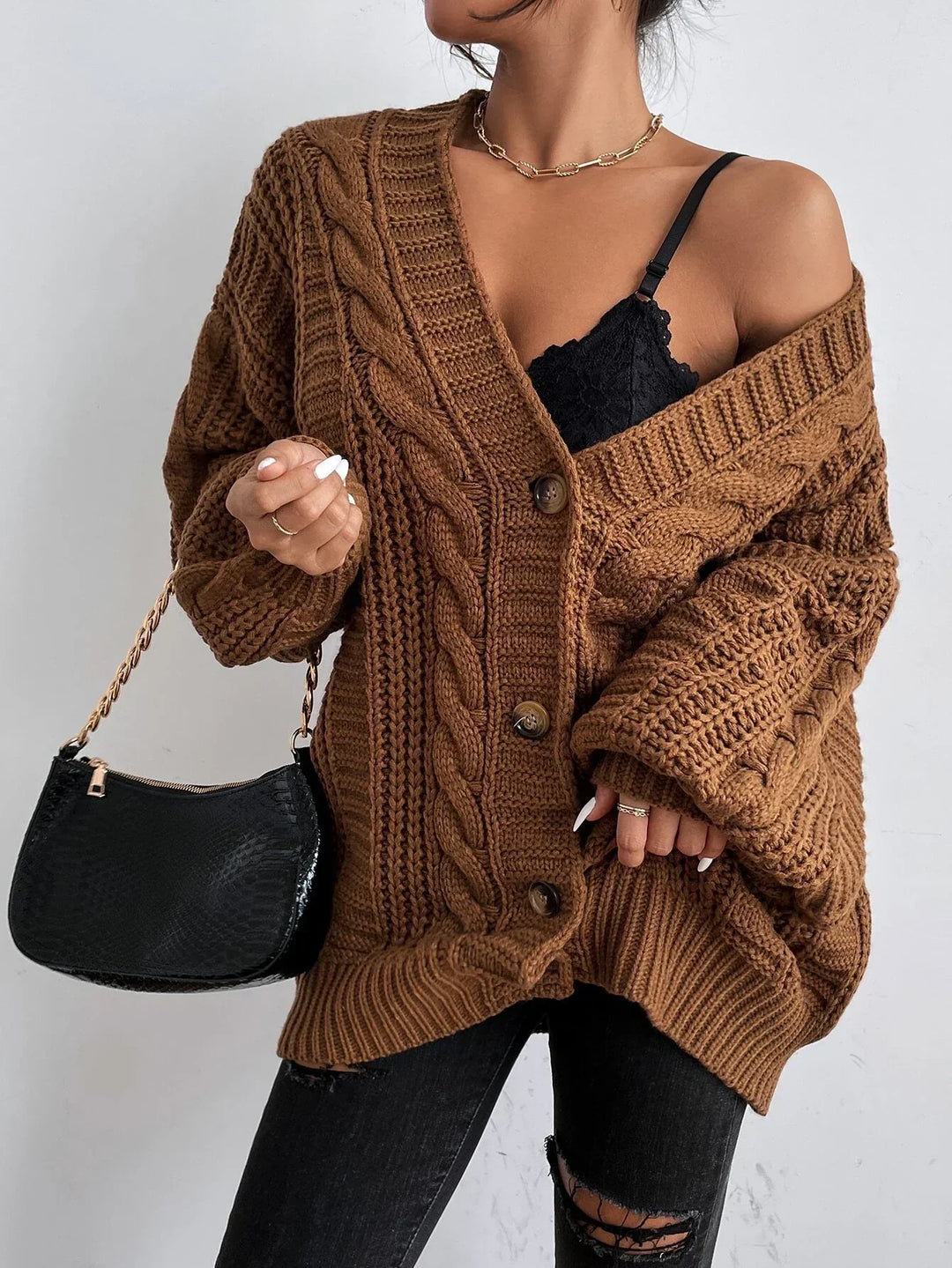 Women's Chunky Cable Knit Oversized Cardigan with Button Closure