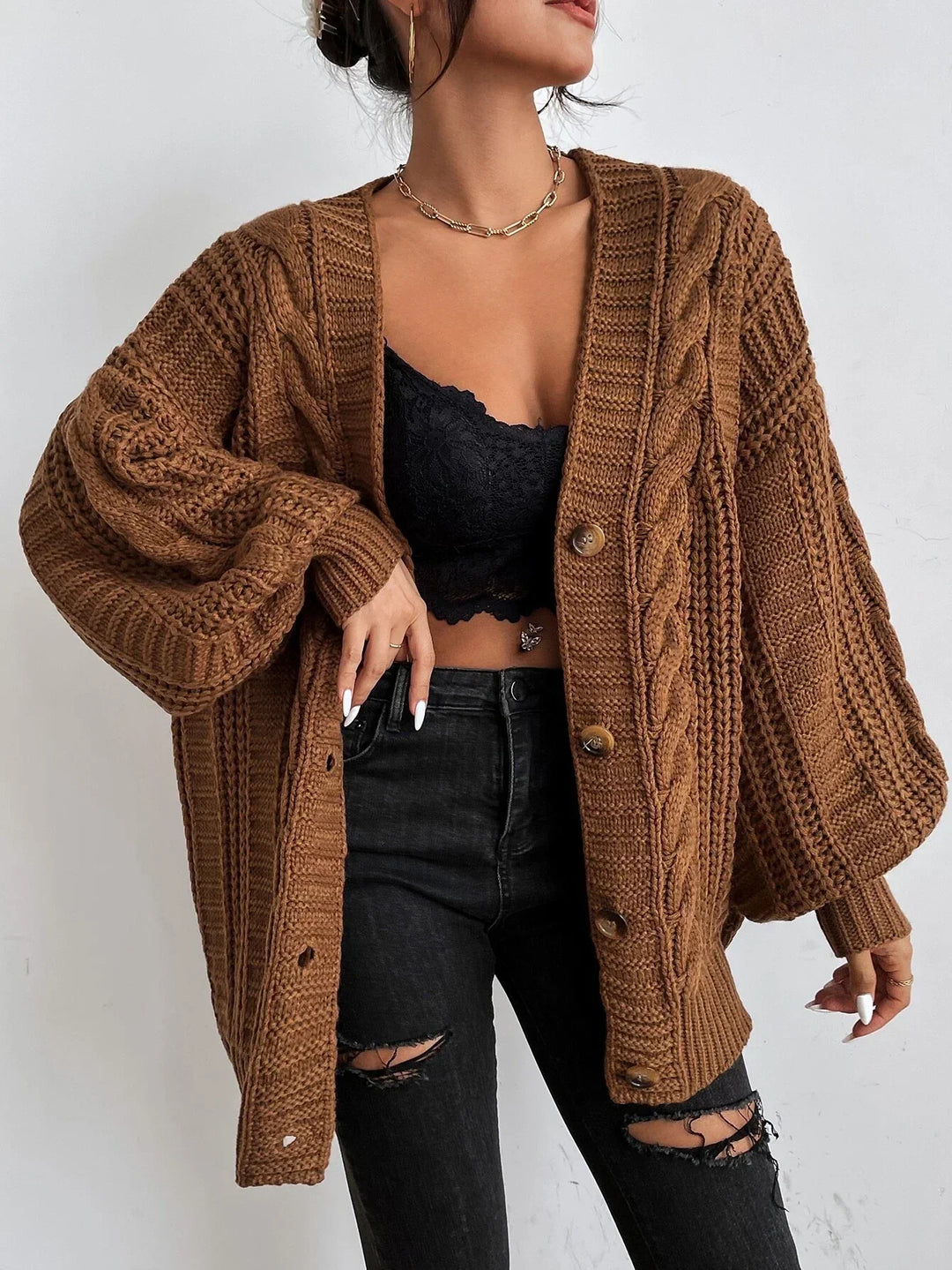 Women's Chunky Cable Knit Oversized Cardigan with Button Closure