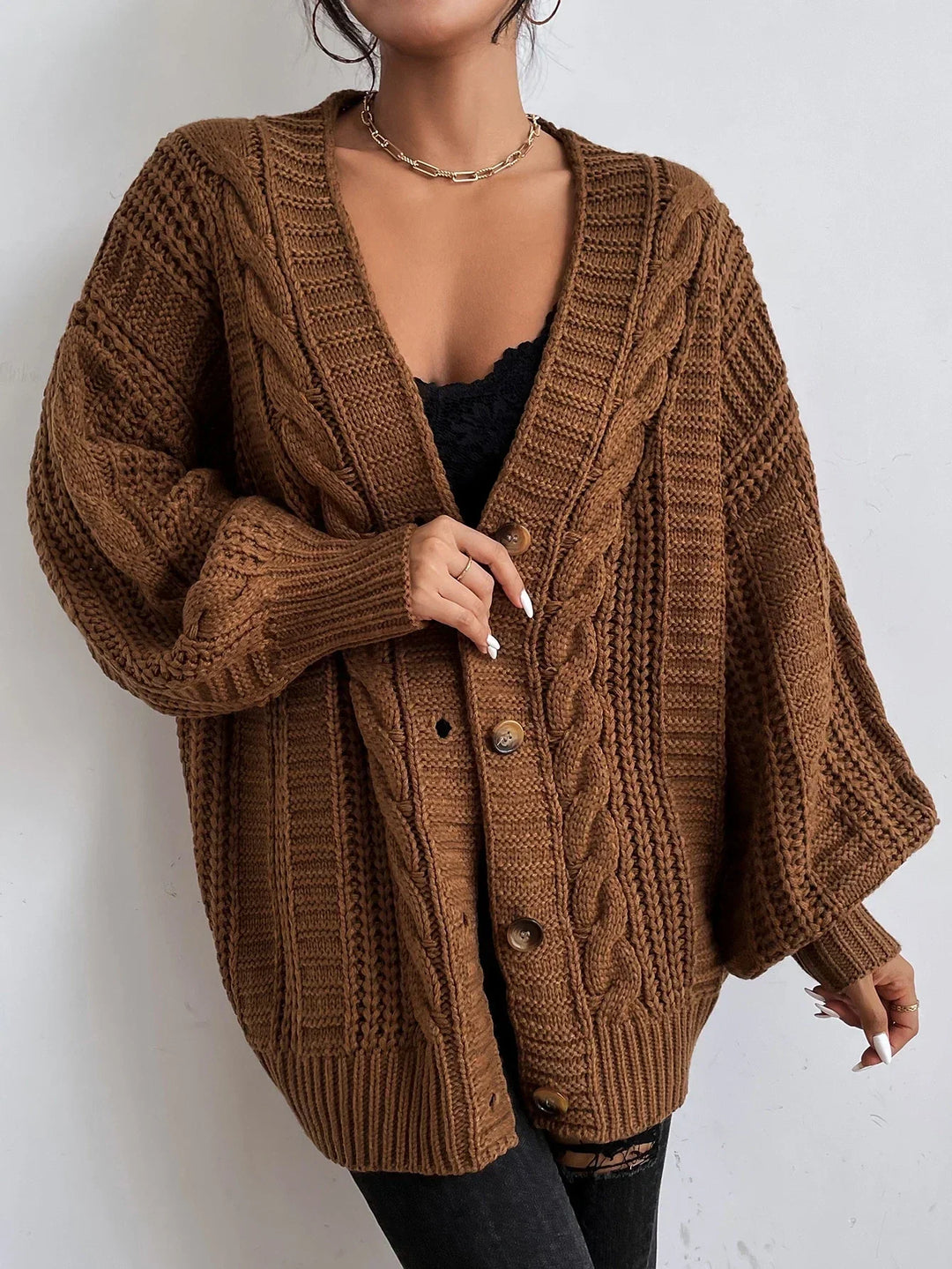 Women's Chunky Cable Knit Oversized Cardigan with Button Closure