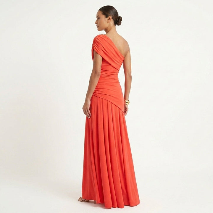 One Shoulder Asymmetric Gathered Maxi Gown Evening