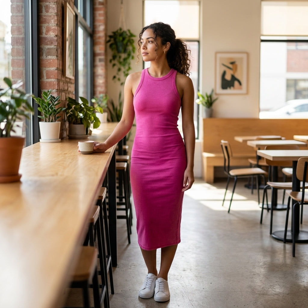 Pink Crew Neck Midi Dress