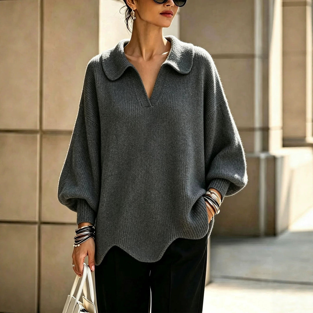 Women's V-Neck Sweater with Lantern Sleeves - Casual and Feminine