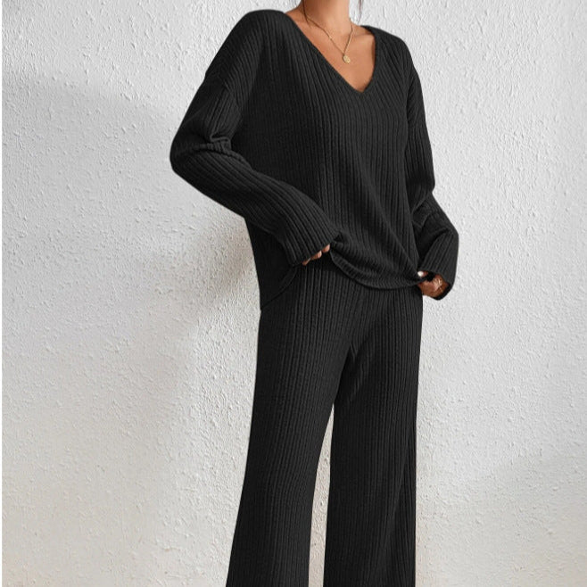 Women's Knitted Loungewear Set with Elastic Waist Pants and Long Sleeve Top