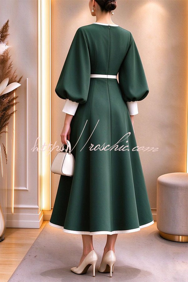 Elegant Color-block Lantern Sleeve Cinched Waist Pocketed Mid Dress