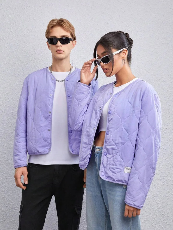 Unisex Quilted Oversized Jacket with V-Neck – Purple