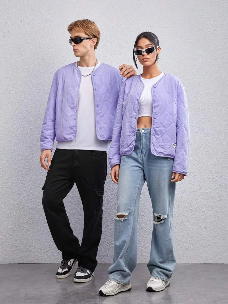 Unisex Quilted Oversized Jacket with V-Neck – Purple