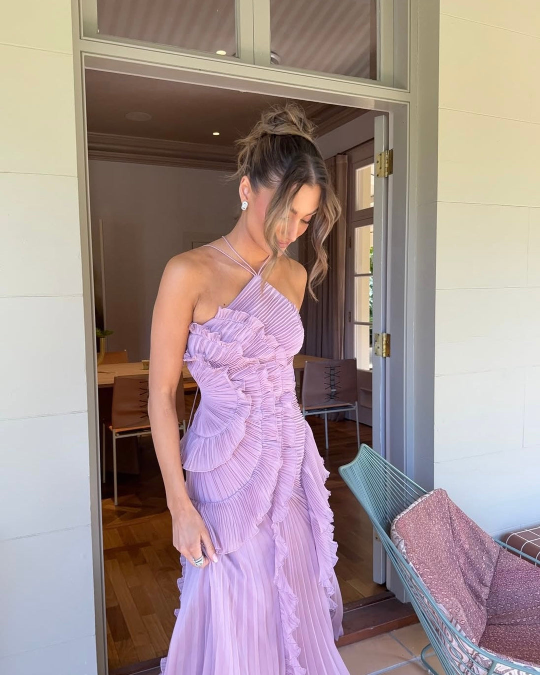 Women's Summer Dress with Open Back, Bow at Waist, and Ruffled Hem
