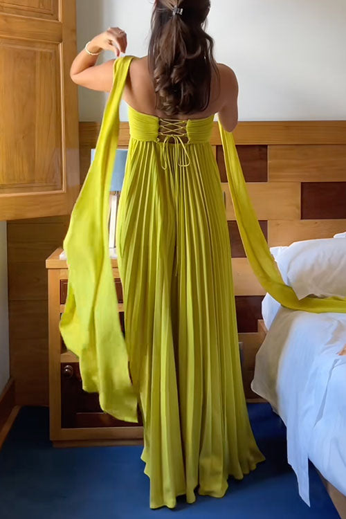 Women's Elegant Off-Shoulder Maxi Dress with Lacing & Pleats
