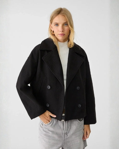 Short Women's Wool Cross Coat - Minimalist and Elegant