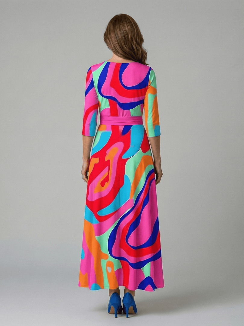 Celine™ wrap neck midi dress by Emma & Rose Cape Town, shown in a stylish design with a flowing silhouette and elegant wrap neckline.