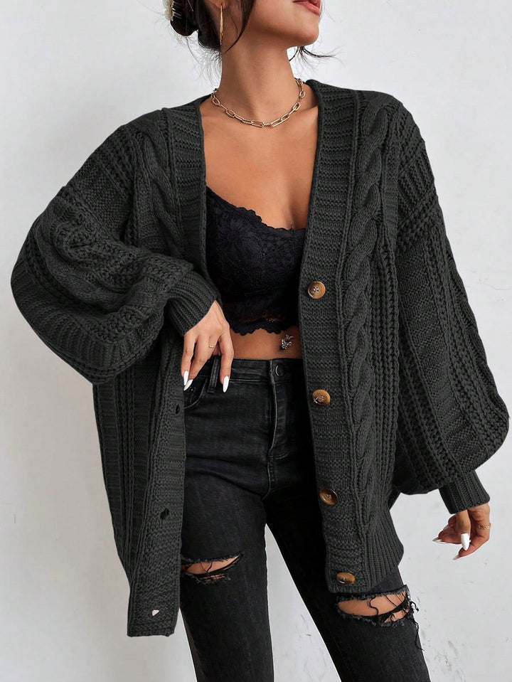 Women's Chunky Cable Knit Oversized Cardigan with Button Closure