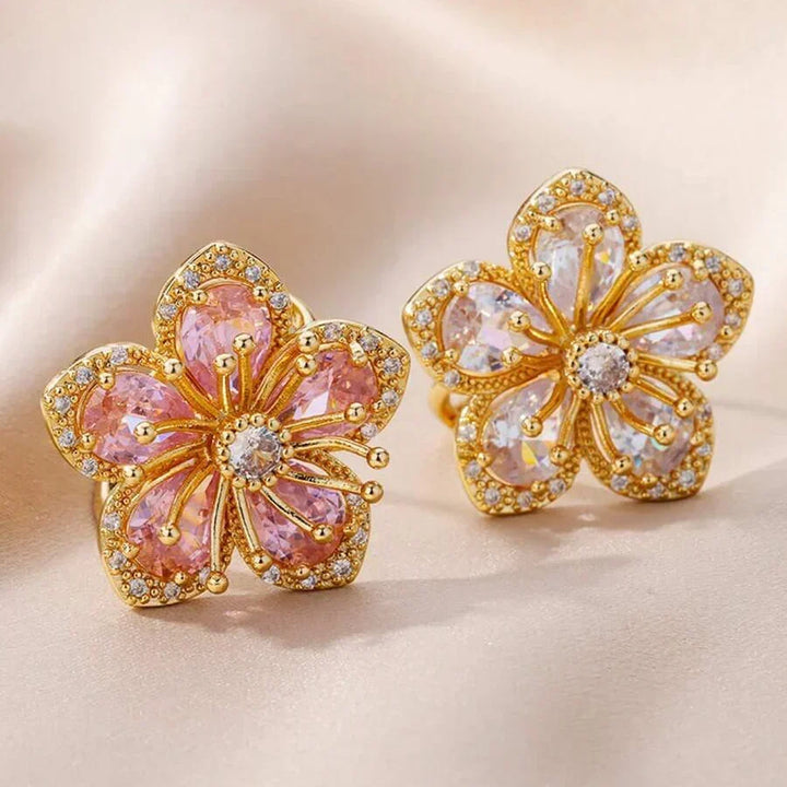 Elegant Gold Plated Pink Zirconia Flower Ring - Elena Harper
