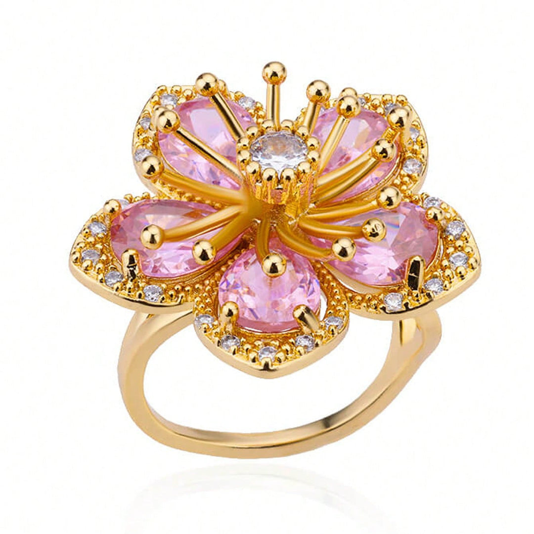 Elegant Gold Plated Pink Zirconia Flower Ring - Elena Harper