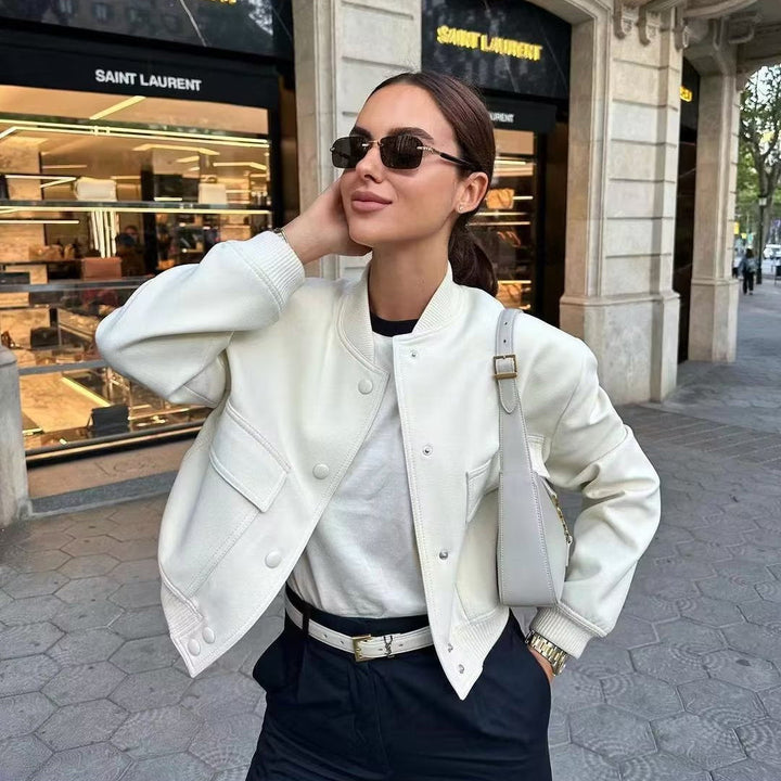 Women's Autumn Bomber Jacket with Front Pockets and Solid Color Design