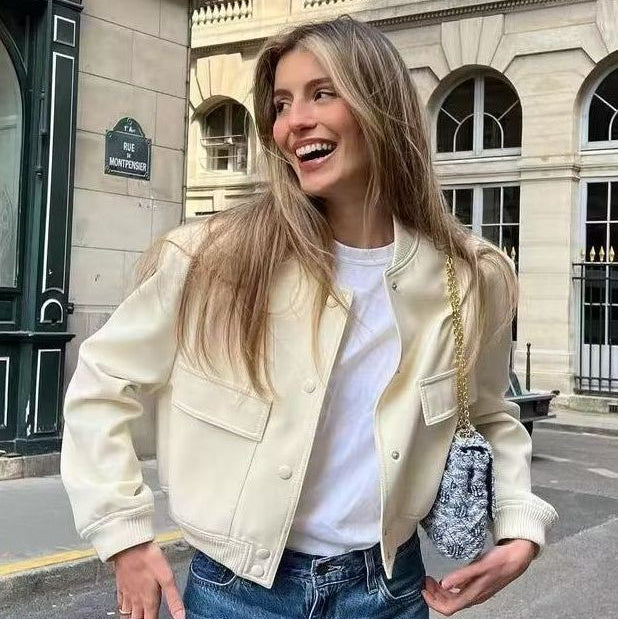 Women's Autumn Bomber Jacket with Front Pockets and Solid Color Design