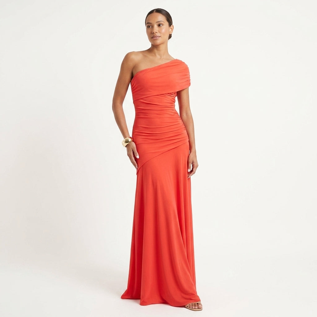 One Shoulder Asymmetric Gathered Maxi Gown Evening