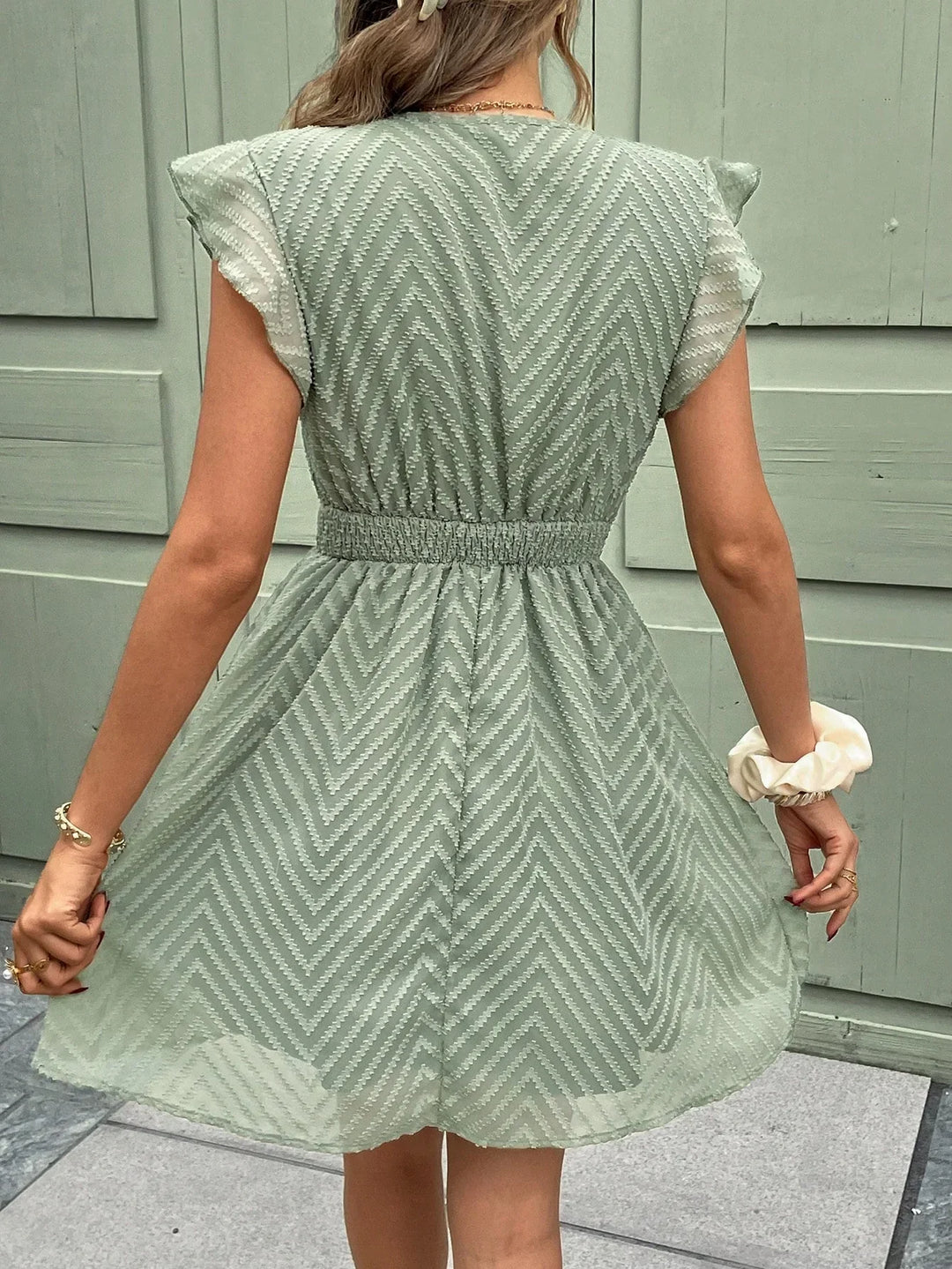 Summer Dress with V-Neck & Crochet Trim – Airy Short Sleeve Dress with Waistband