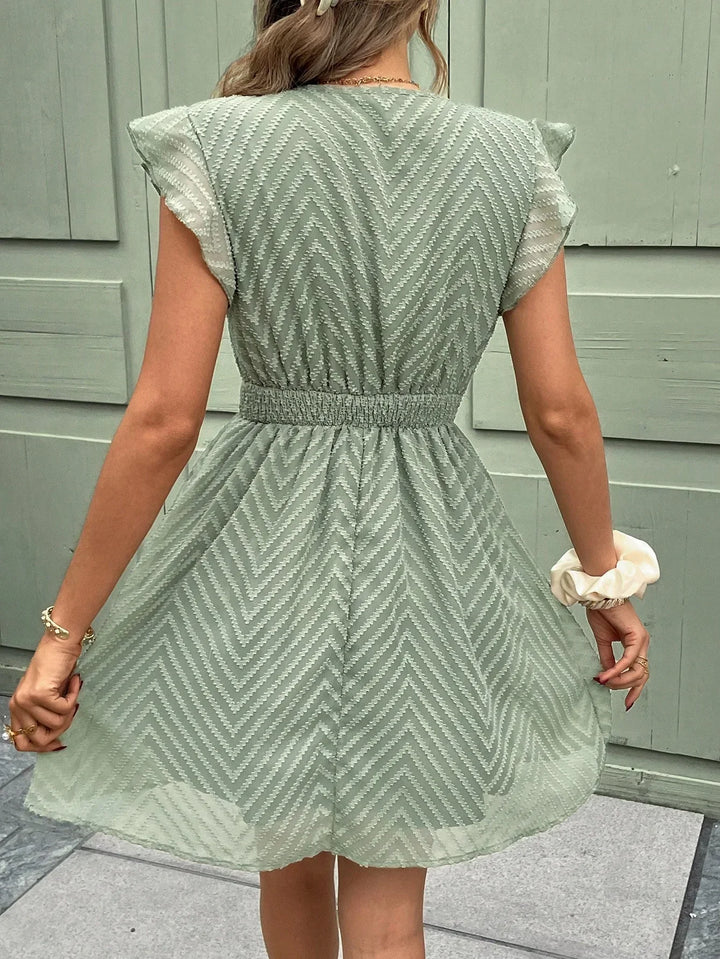 Summer Dress with V-Neck & Crochet Trim – Airy Short Sleeve Dress with Waistband
