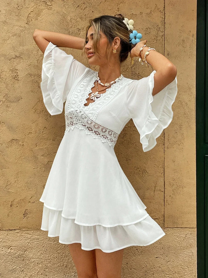 White Boho Summer Dress with Lace and Ruffles – V-neck & Loose Fit | Zendoo