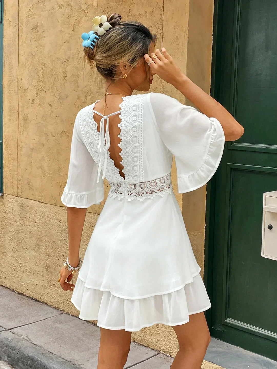 White Boho Summer Dress with Lace and Ruffles – V-neck & Loose Fit | Zendoo