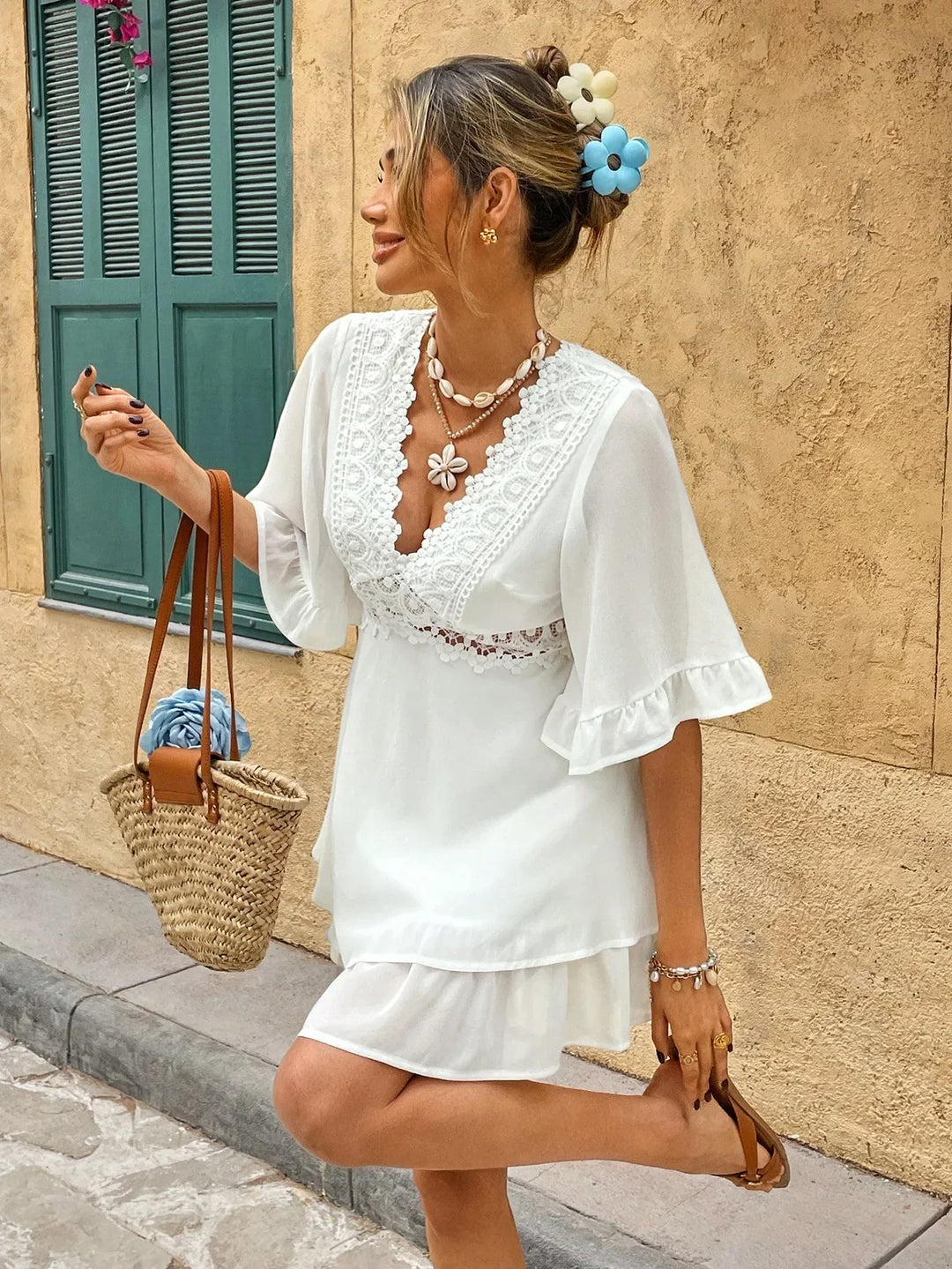 White Boho Summer Dress with Lace and Ruffles – V-neck & Loose Fit | Zendoo