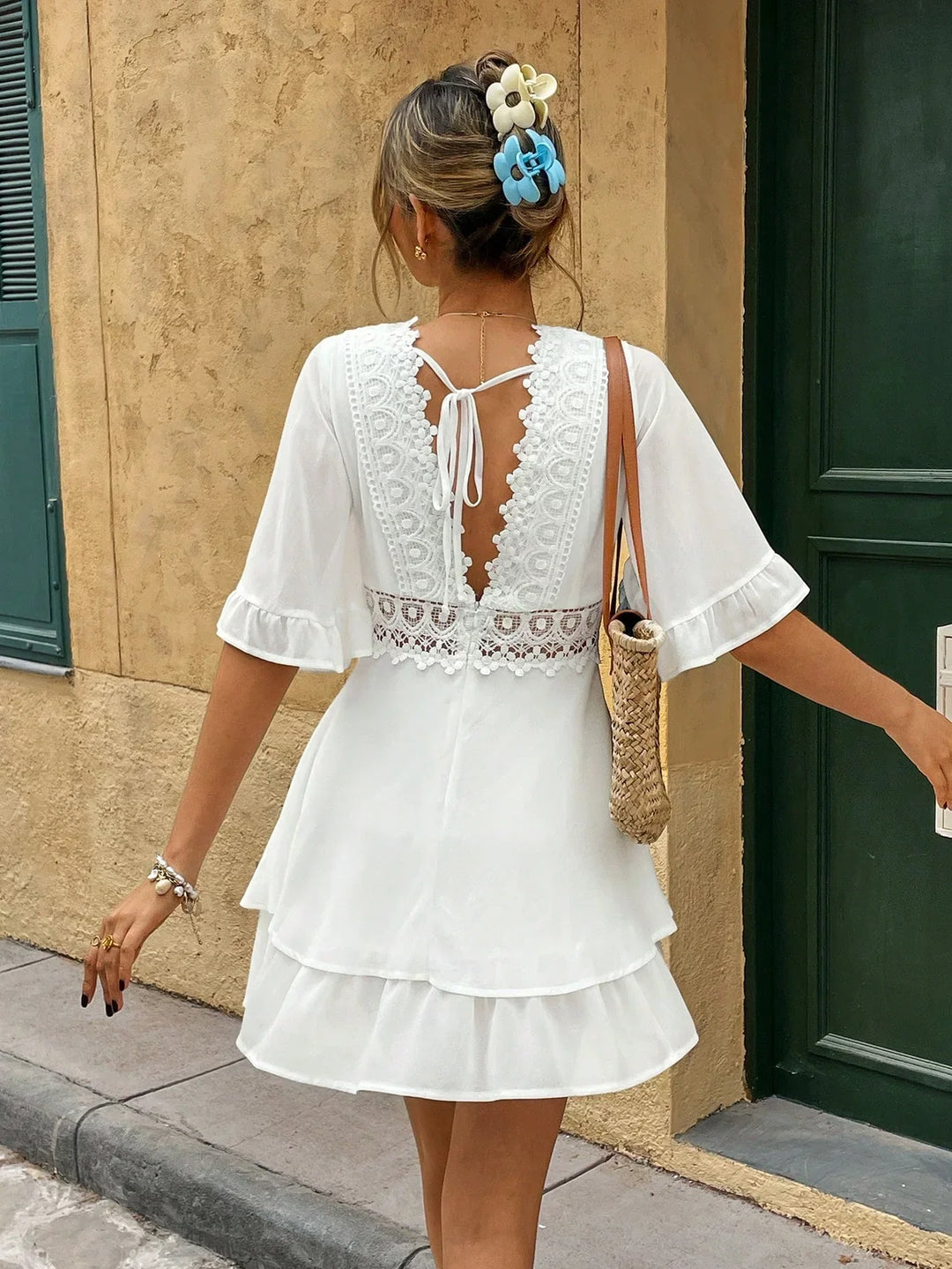 White Boho Summer Dress with Lace and Ruffles – V-neck & Loose Fit | Zendoo