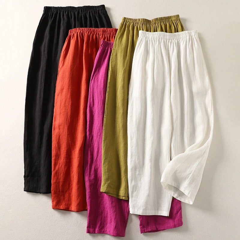Wide-Leg Women's Cotton-Linen Pants with Elastic Waist