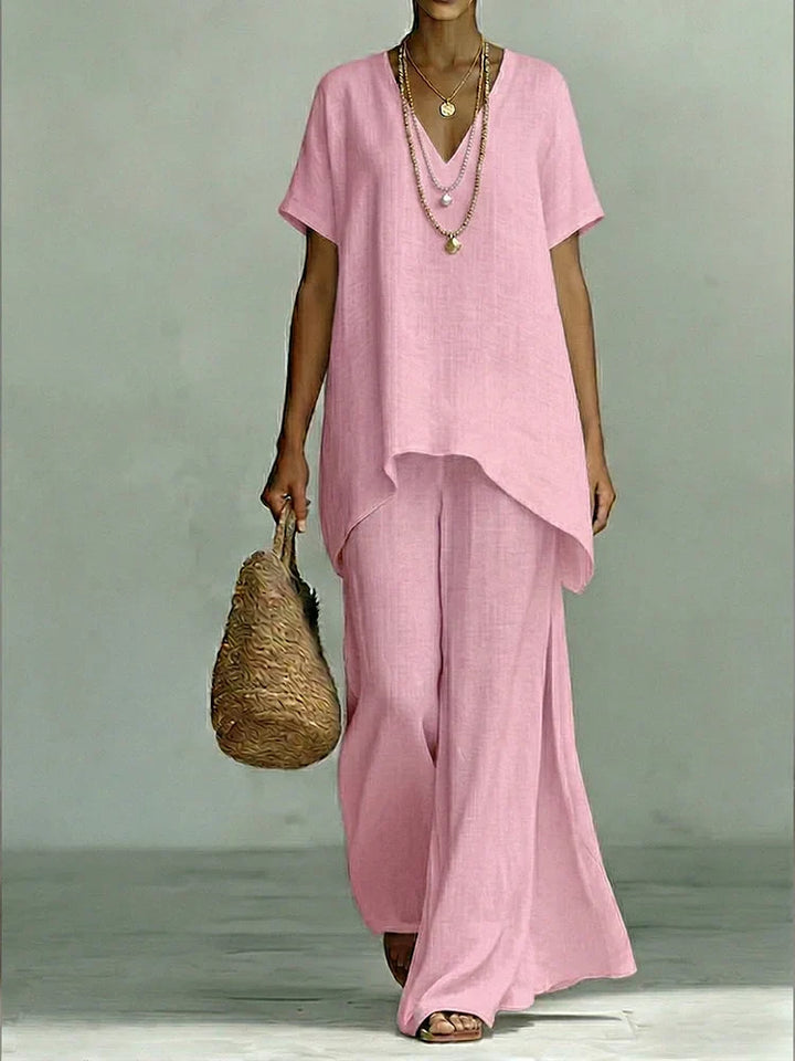 Classic Casual Short-sleeved Linen And Cotton Top And Wide-leg Pants Two-piece Set, view 4 - Elena Harper