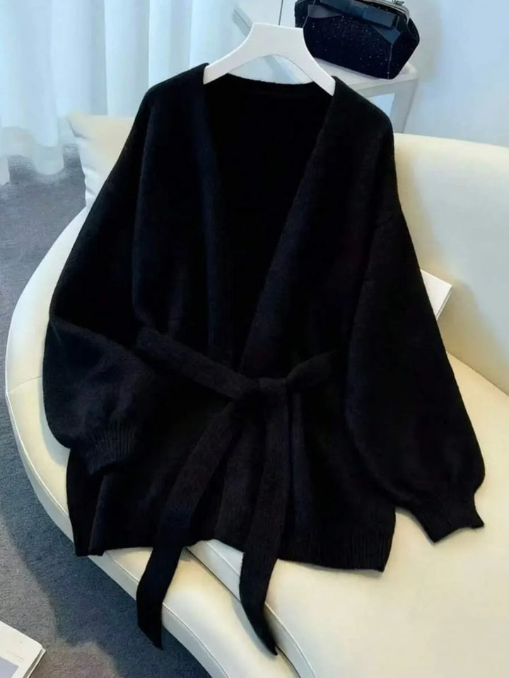 Ladies Chunky Knit Cardigan with Belt - Oversized V-neck Cardigan