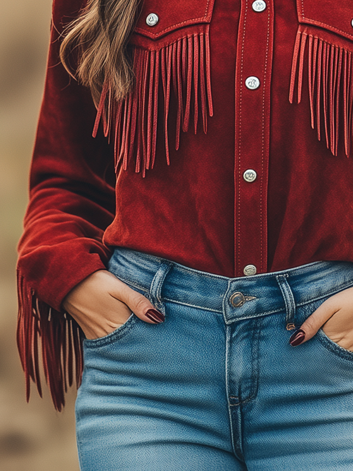 Outdoor Western Cowboy Red Suede Lapel Tassel Long Sleeve Shirt, view 5 - Elena Harper