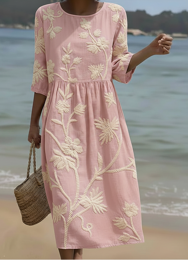 Women's Floral Midi Dress - Elegant Plant Print