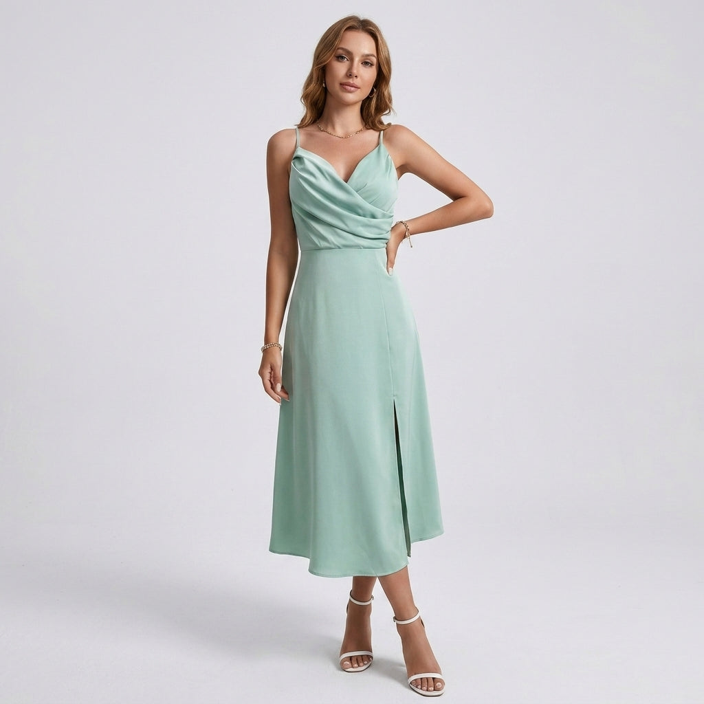 Cowl Neck Midi Dress Wedding Guest Mint Green Sleek Fit